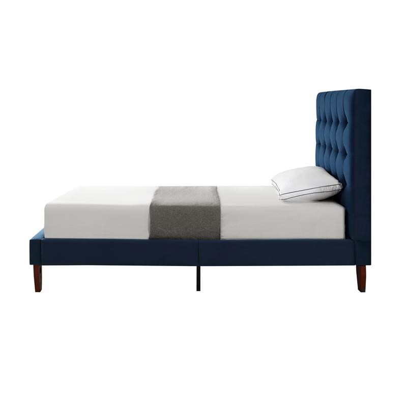 Maklaine Modern / Contemporary Navy Velvet Twin Button Tufted Bed