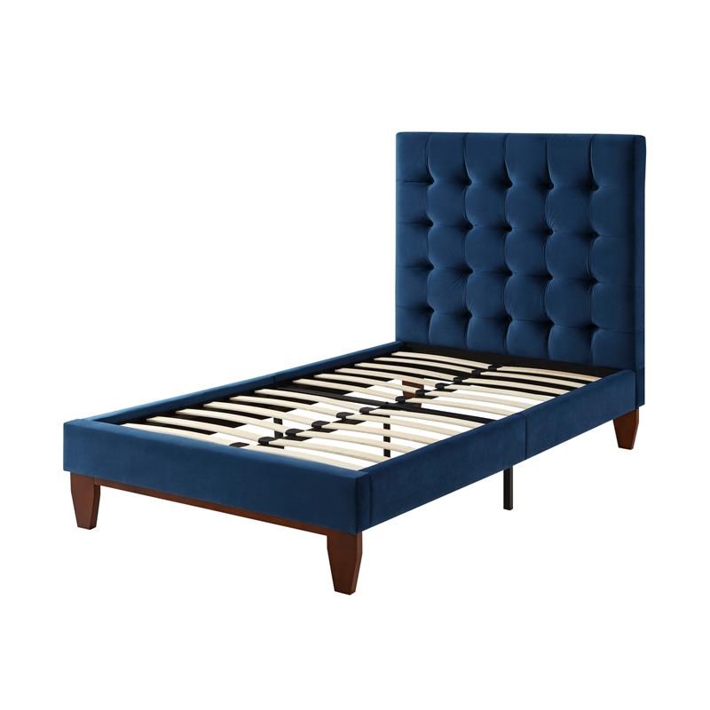 Maklaine Modern / Contemporary Navy Velvet Twin Button Tufted Bed