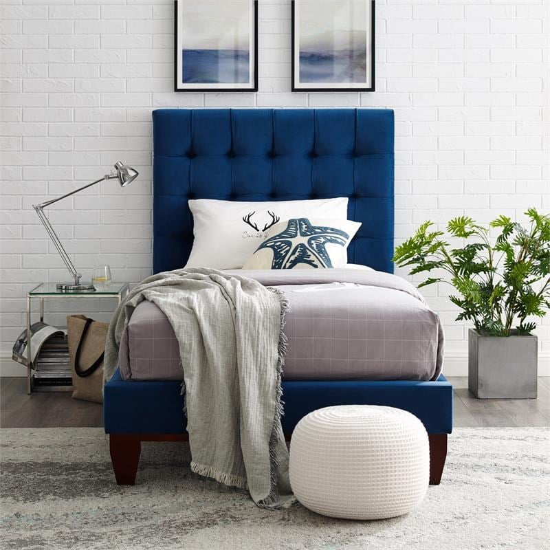 Maklaine Modern / Contemporary Navy Velvet Twin Button Tufted Bed