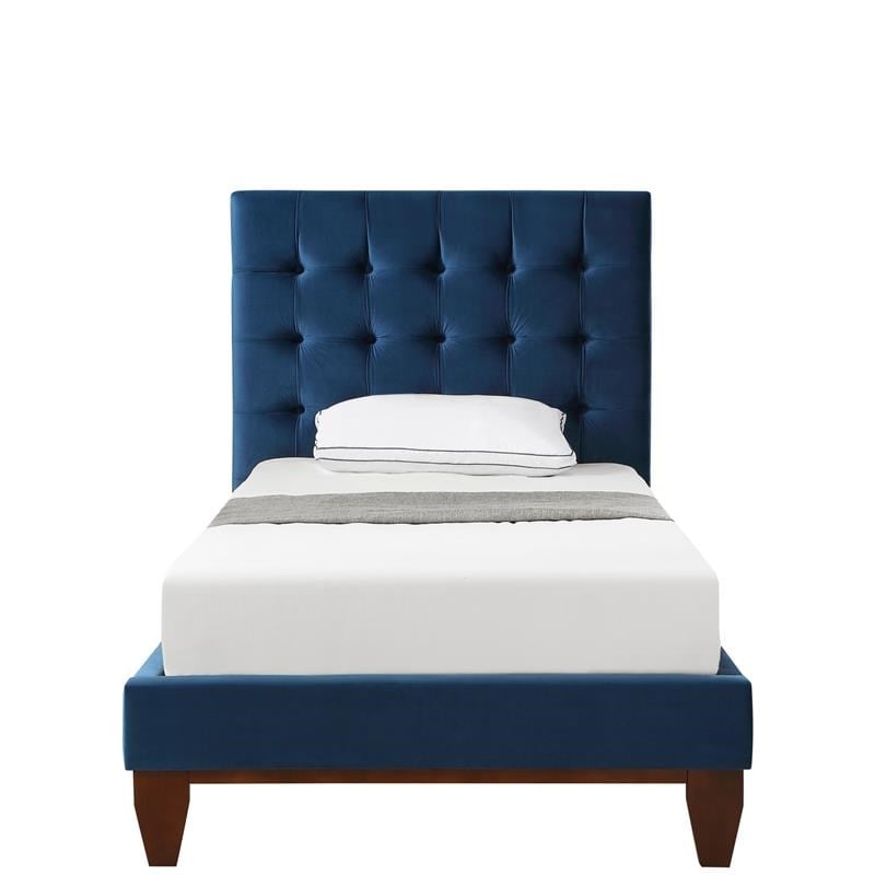 Maklaine Modern / Contemporary Navy Velvet Twin Button Tufted Bed