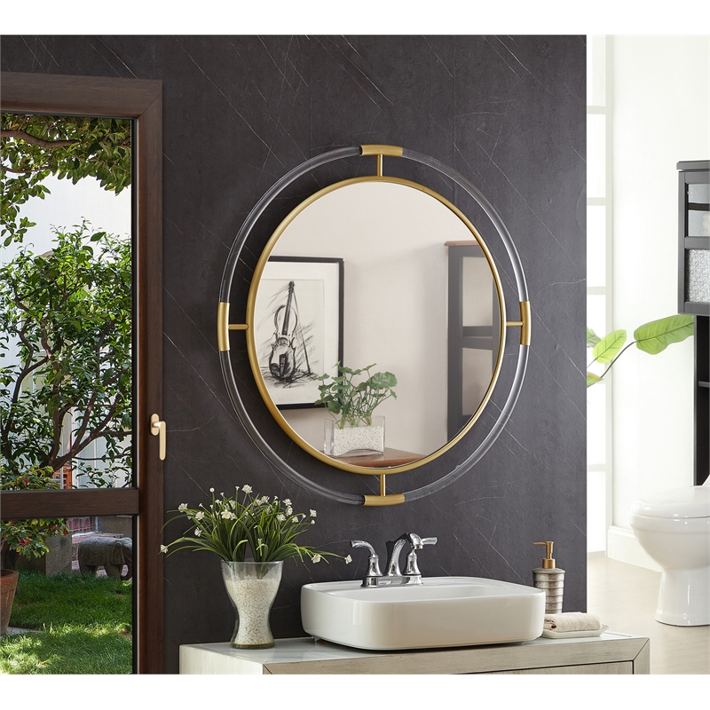 Maklaine Contemporary Glass Acrylic/Brushed Gold Round Mirror