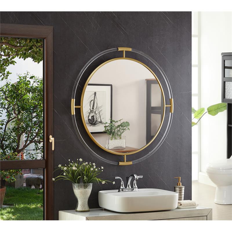 Maklaine Contemporary Glass Acrylic/Brushed Gold Round Mirror