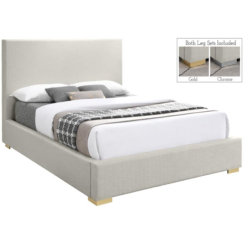Maklaine Mid-Century Beige Finish Linen Textured Fabric Queen Bed
