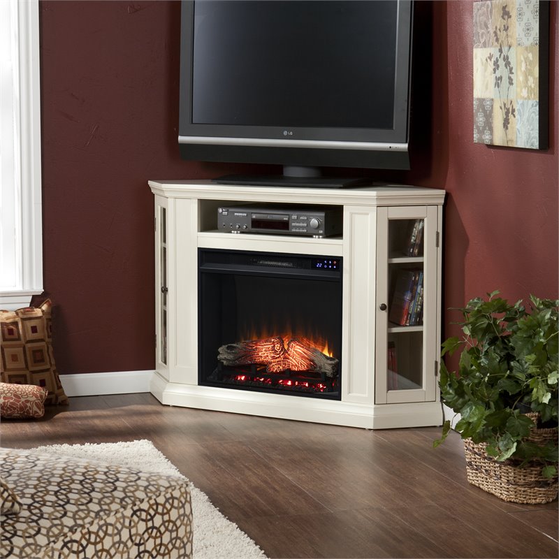 Maklaine Touch Screen Wood Electric Corner Fireplace in Ivory