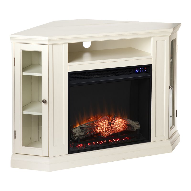 Maklaine Touch Screen Wood Electric Corner Fireplace in Ivory