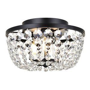Maklaine Contemporary 10&quot Iron and Crystal Flush Mount in Black