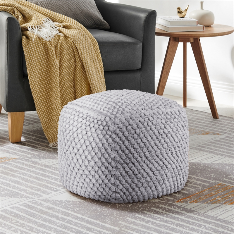 Maklaine Modern / Contemporary Cotton Yarn Pouf in Light Grey