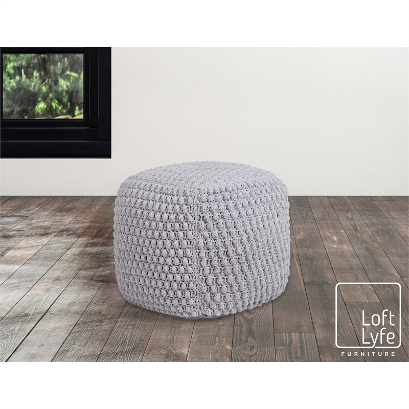 Maklaine Modern / Contemporary Cotton Yarn Pouf in Light Grey