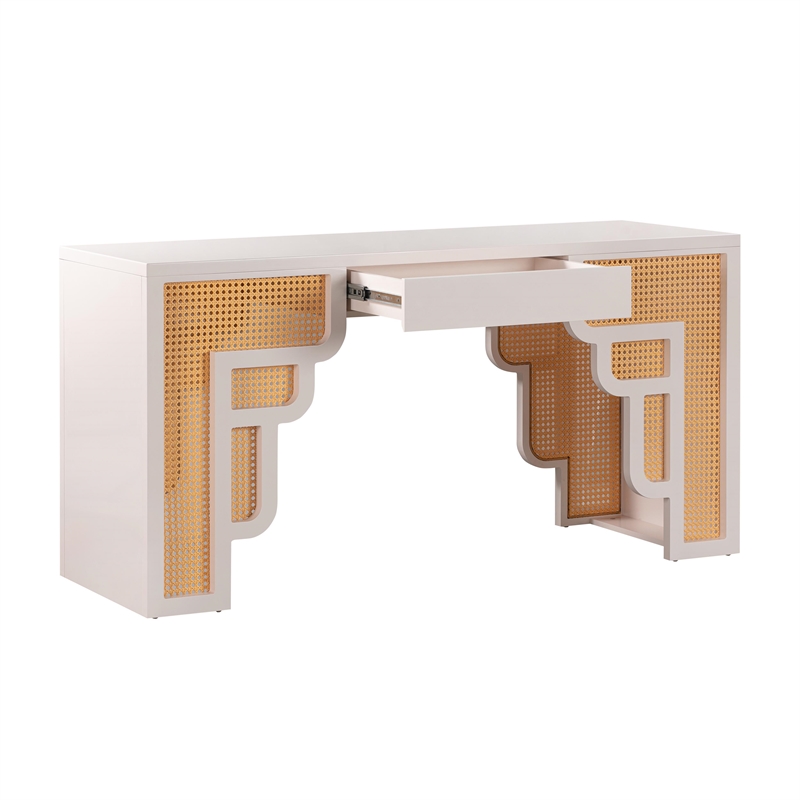 Maklaine Transitional Cream Finish & Woven Rattan Accents Desk