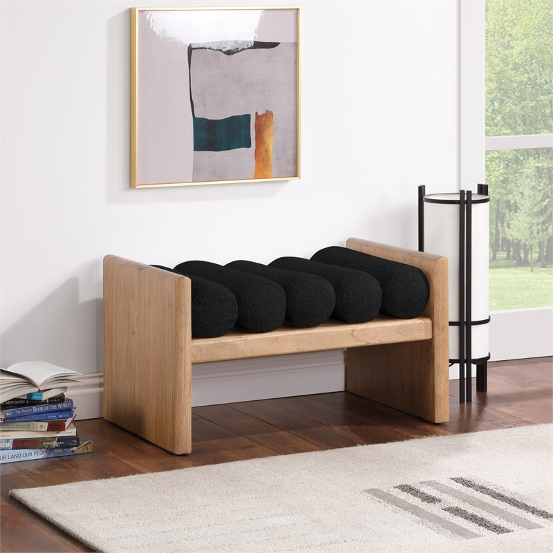 Maklaine Contemporary Fabric Black Cushion and Natural Bench