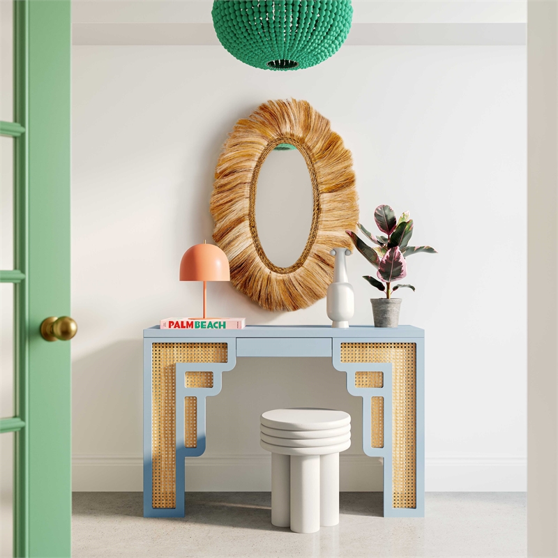 Maklaine Transitional Pastel Blue Finish & Rattan Console Table