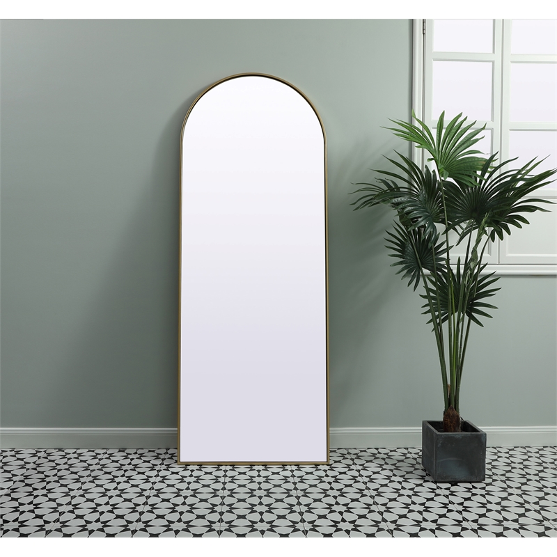 Maklaine Contemporary Arch Wood/Iron Full Length Mirror in Brass