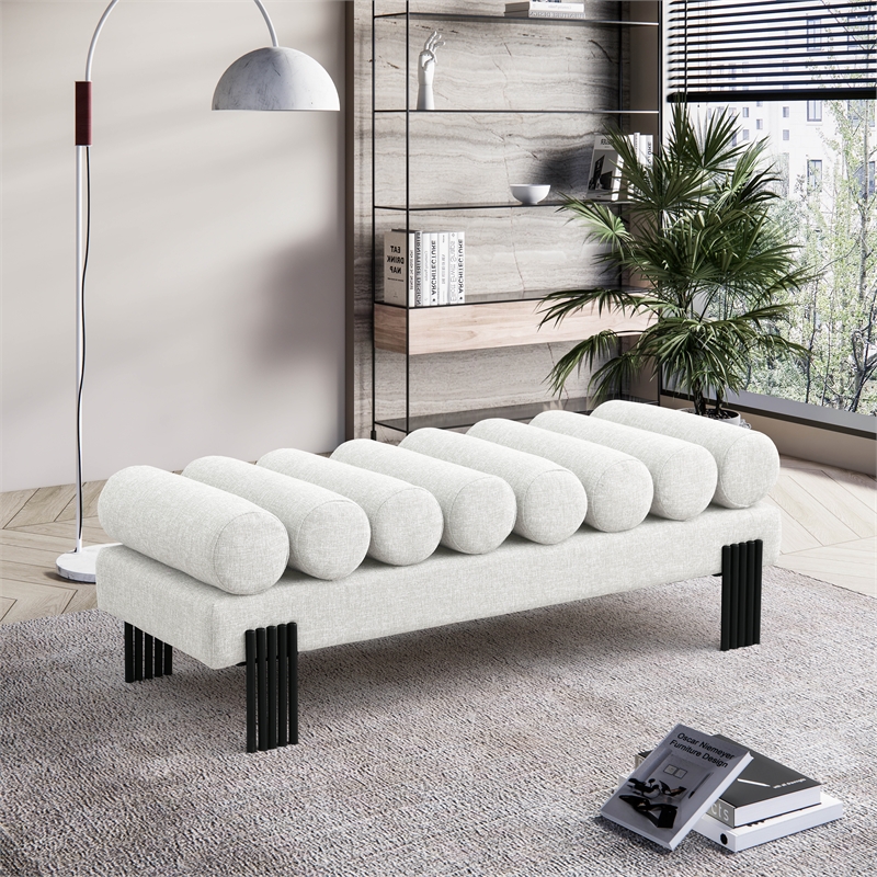 Maklaine Modern / Contemporary Cream Linen Textured Fabric Bench