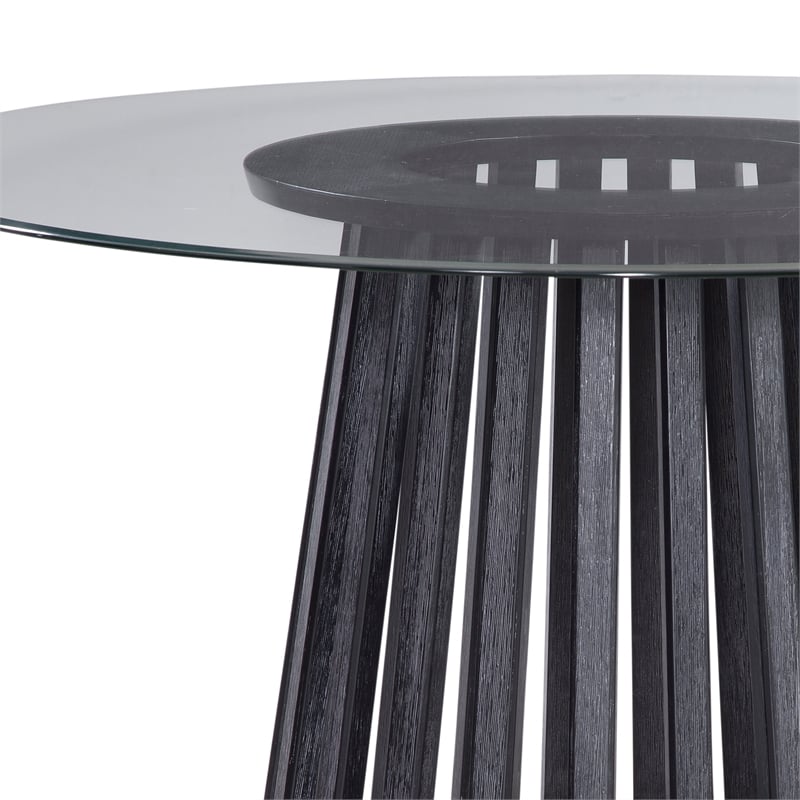 Maklaine Round Contemporary Glass and Wood Dining Table in Black