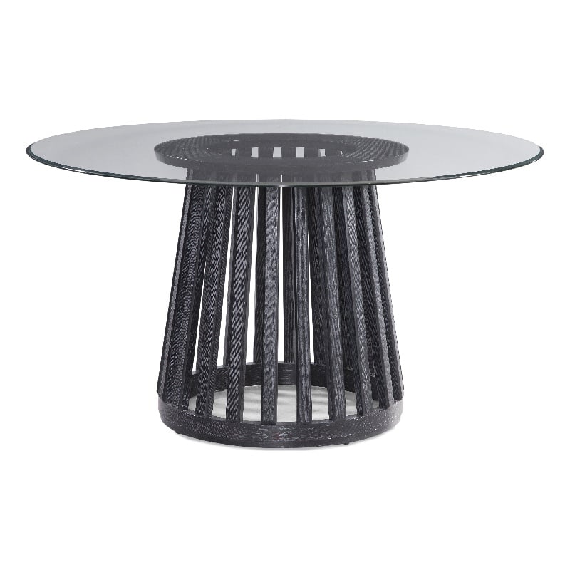 Maklaine Round Contemporary Glass and Wood Dining Table in Black