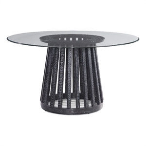 Maklaine Round Contemporary Glass and Wood Dining Table in Black