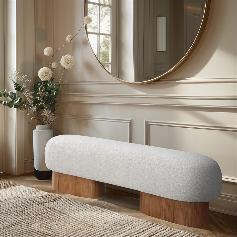 Maklaine Modern / Contemporary Luxurious Cream Boucle Fabric Bench
