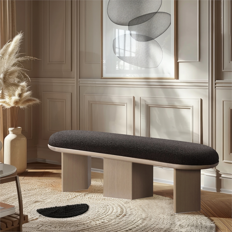 Maklaine Modern / Contemporary Luxurious Brown Boucle Fabric Bench