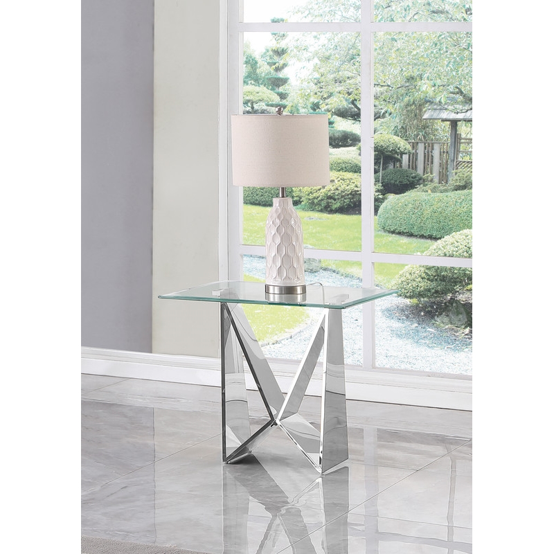 Maklaine Stainless Steel & Tempered Glass End Table in Clear