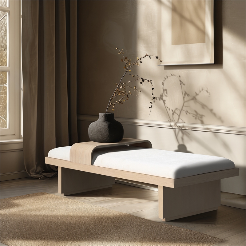 Maklaine Mid-Century Soft Cream Finish Chenille Fabric Bench