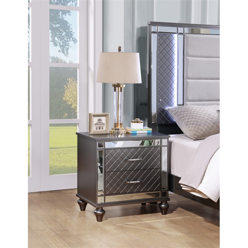 Maklaine Modern / Contemporary Nightstand Gunmetal Gray and Mirror