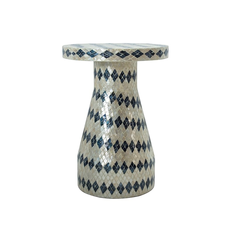 Maklaine Transitional Cream & Blue Checkered Shell Side Table