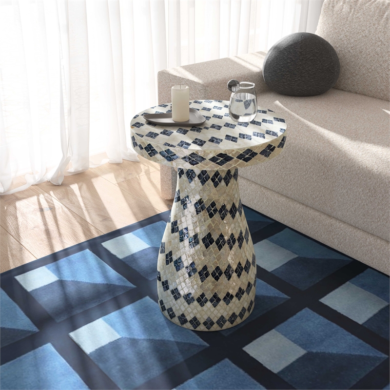 Maklaine Transitional Cream & Blue Checkered Shell Side Table