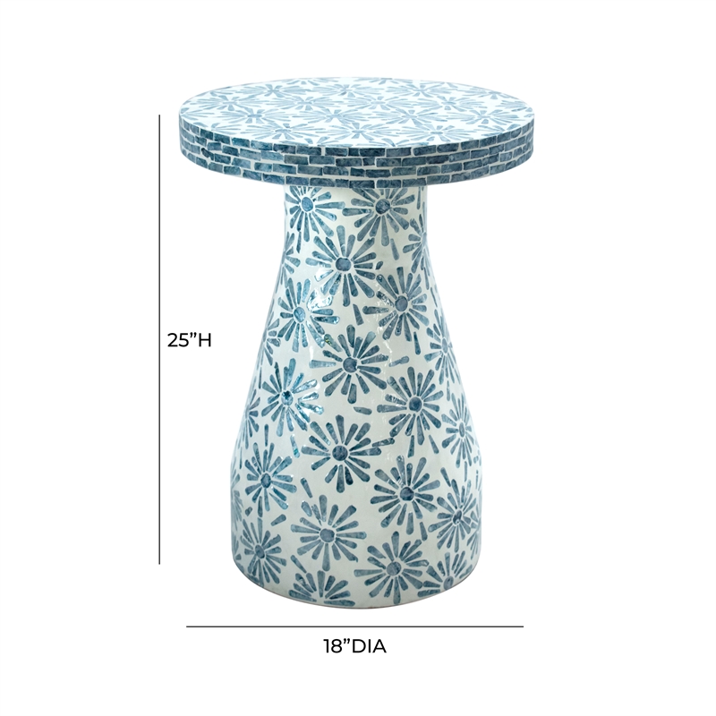 Maklaine Modern / Contemporary Floral Shell Side Table in Blue