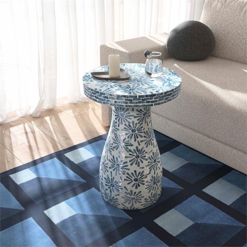 Maklaine Modern / Contemporary Floral Shell Side Table in Blue