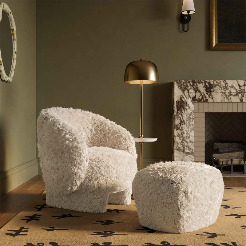 Maklaine Modern / Contemporary Natural Vegan Shearling Ottoman