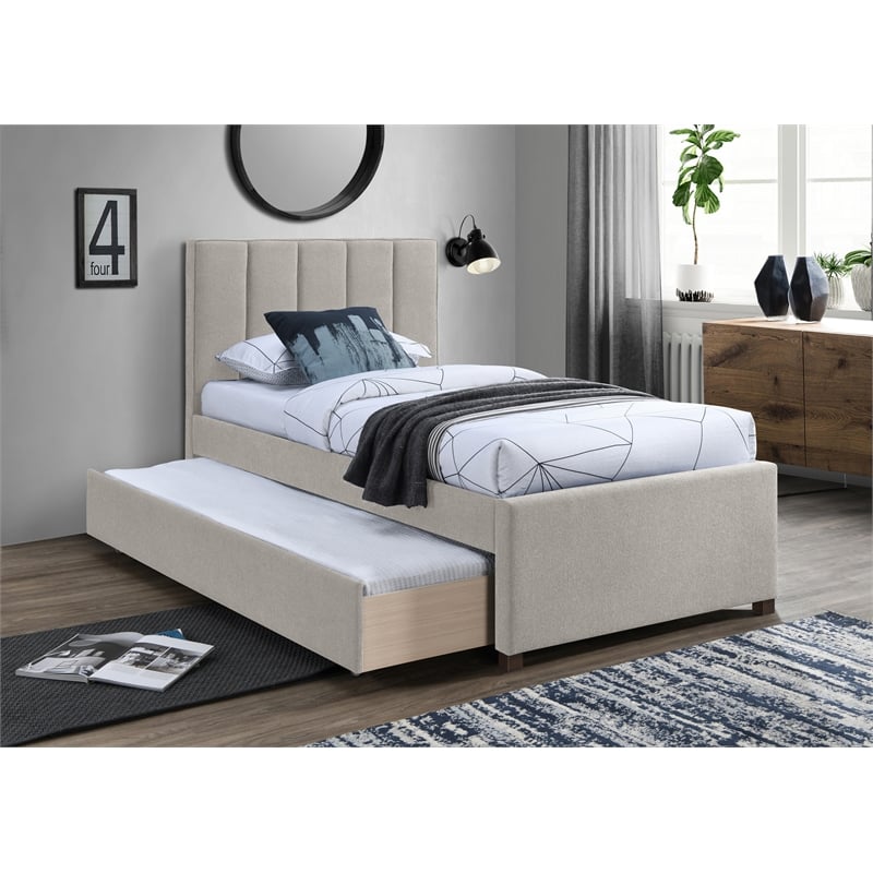 Maklaine Contemporary Beige Linen Textured Fabric Twin Trundle Bed