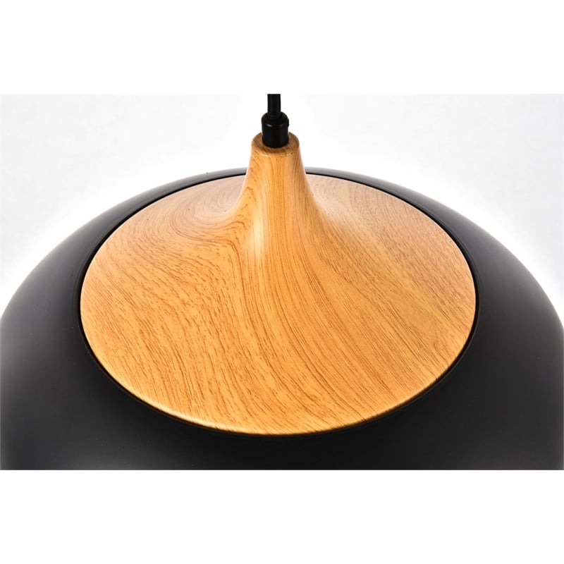 Maklaine Transitional 1 Light Aluminum Pendant in Black & Natural Wood
