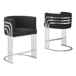 Maklaine Contemporary Set of 2 Black Teddy Fabric Barstools with Chrome