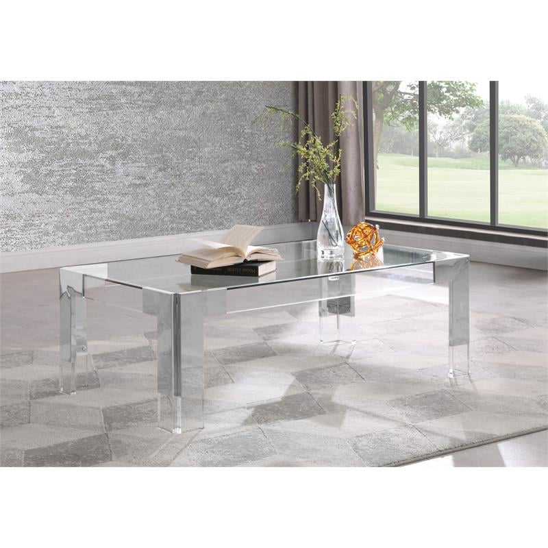 Maklaine Contemporary Rectangular Glass Top Coffee Table in Chrome