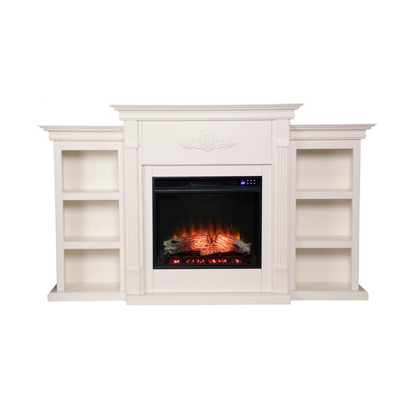 Maklaine Touch Screen Wood Electric Fireplace w/ Bookcase in Ivory