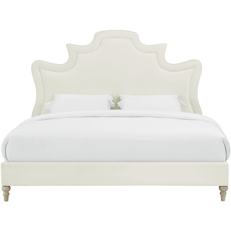 Maklaine Velvet Cream Queen Bed Rectangular Sculpted Headboard 63.8