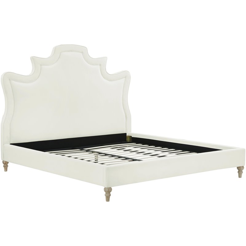 Maklaine Velvet Cream Queen Bed Rectangular Sculpted Headboard 63.8
