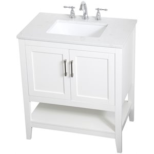 Maklaine Traditional 30&quot Single Quartz Top Bathroom Vanity in White
