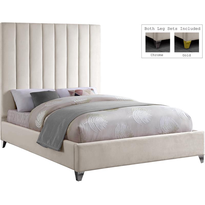 Maklaine Modern / Contemporary Rich Fabric Velvet Queen Bed in Cream