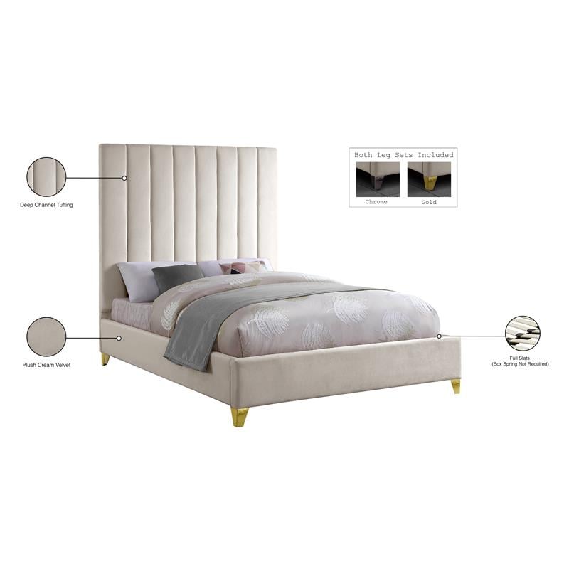Maklaine Modern / Contemporary Rich Fabric Velvet Queen Bed in Cream