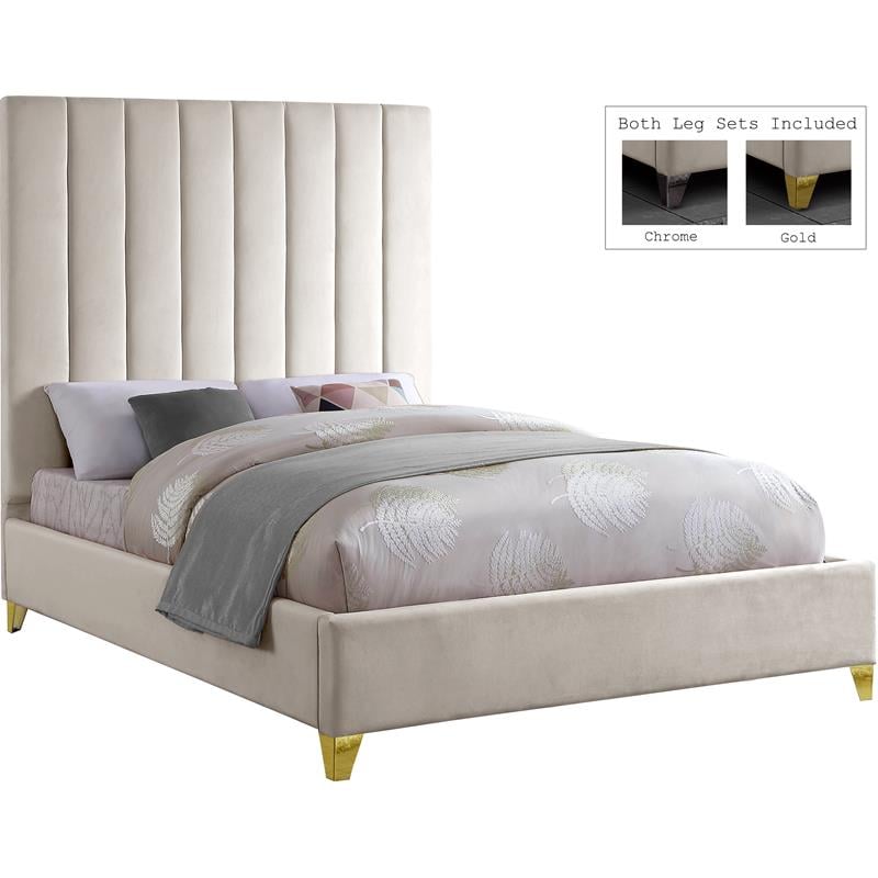 Maklaine Modern / Contemporary Rich Fabric Velvet Queen Bed in Cream