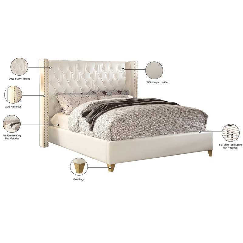 Maklaine Contemporary Solid Wood and Vegan Leather King Bed in White