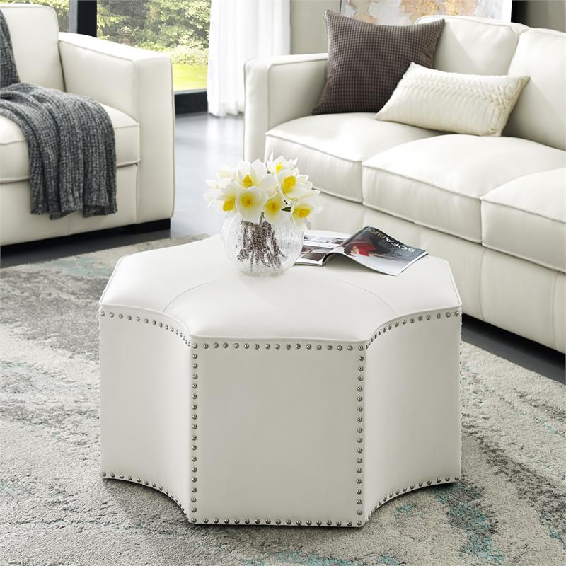 Maklaine Contemporary Faux Leather Octagon Cocktail Ottoman in White