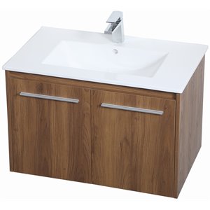 Maklaine 30&quot Single Porcelain Top Floating Bathroom Vanity in Walnut