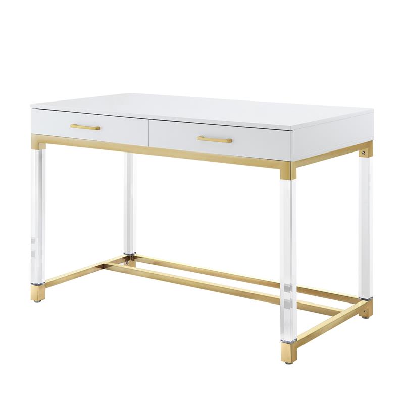 Maklaine 2-Drawer Metal Writing Desk with Acrylic Legs in White/Gold