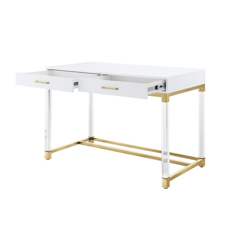Maklaine 2-Drawer Metal Writing Desk with Acrylic Legs in White/Gold