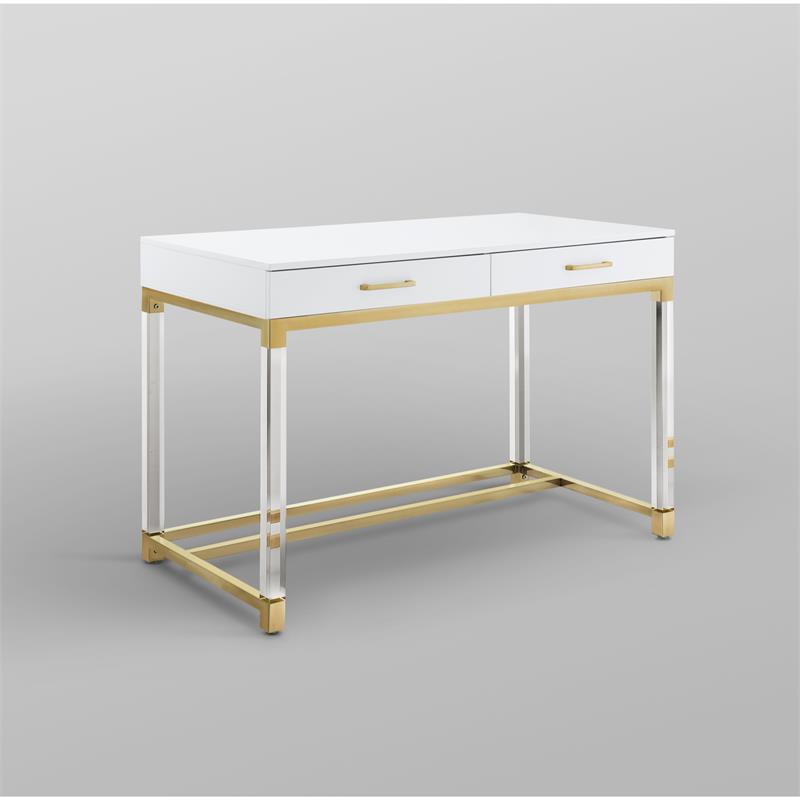 Maklaine 2-Drawer Metal Writing Desk with Acrylic Legs in White/Gold