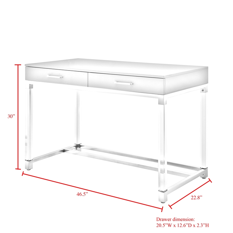 Maklaine 2-Drawer Metal Writing Desk with Acrylic Legs in White/Gold