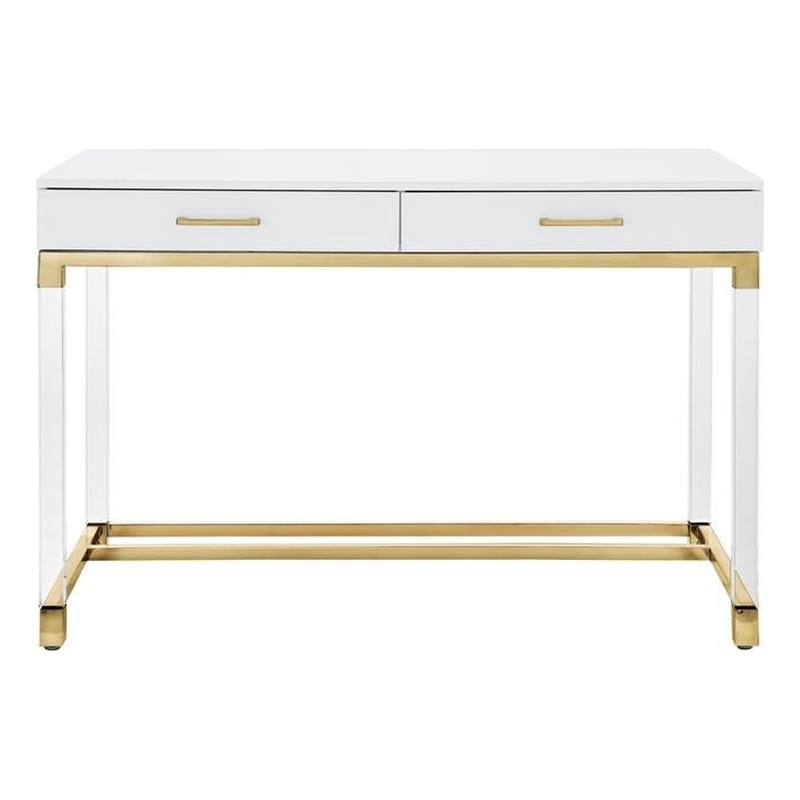 Maklaine 2-Drawer Metal Writing Desk with Acrylic Legs in White/Gold