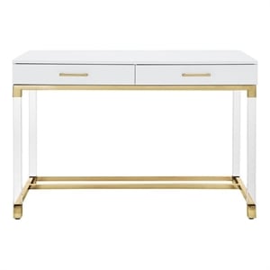 Maklaine 2-Drawer Metal Writing Desk with Acrylic Legs in White/Gold